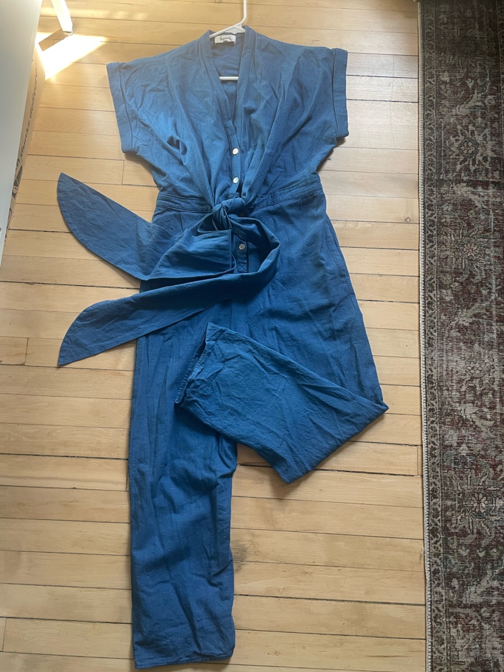 Heinui Blue Natural Cotton Jumpsuit with tie waist